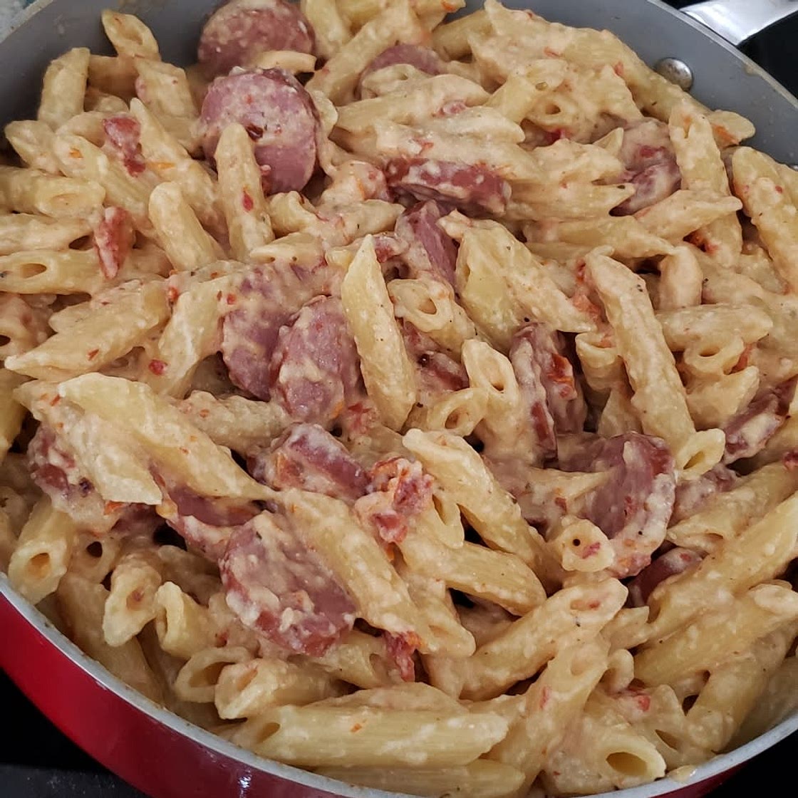 Creamy Mozzarella Pasta with Smoked Sausage