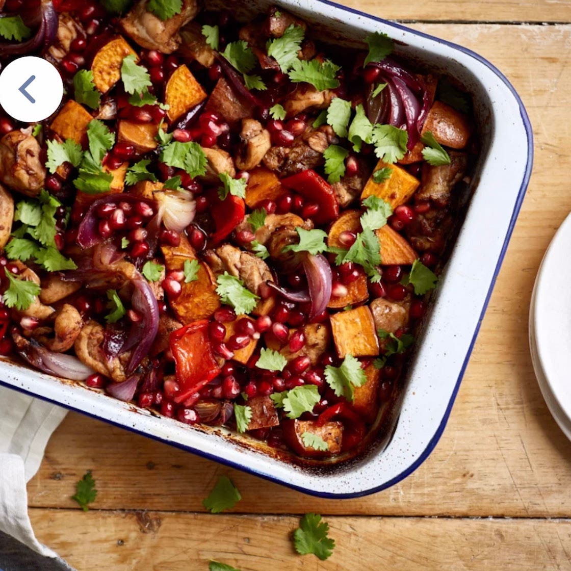 (CR) Sticky pomegranate chicken traybake