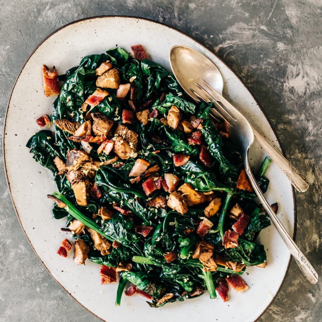 Wilted Spinach with Wild Mushrooms & Bacon