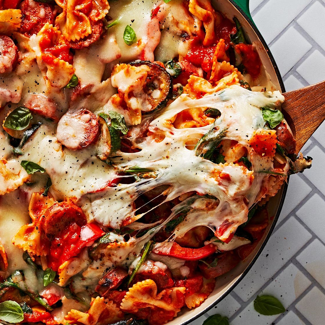 Summer Bowtie Pasta and Chicken Sausage Skillet Bake