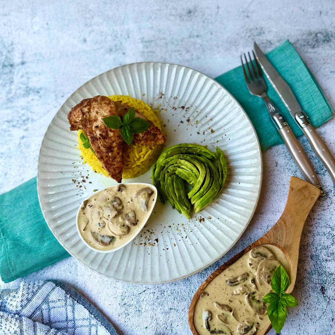 Grilled Chicken with Turmeric Rice & Creamy Mushroom Sauce