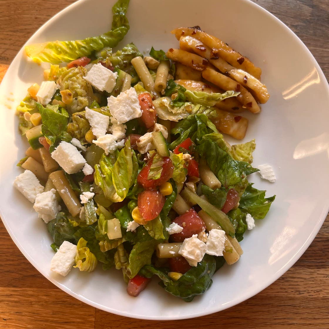 Pasta salad with hot honey halloumi