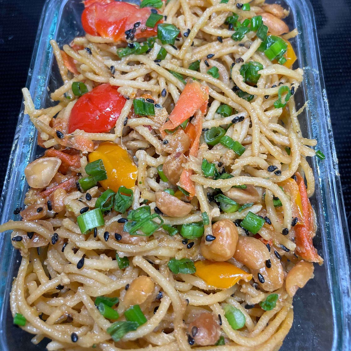 Sesame Peanut Noodles with Bell Pepper and Carrot Ribbons