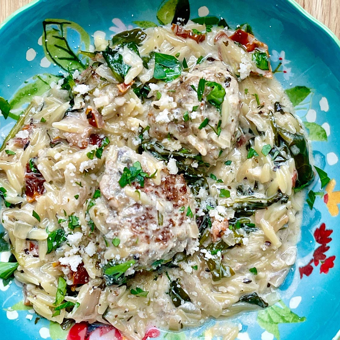Creamy Tuscan Turkey Meatballs with Orzo Pasta (video)