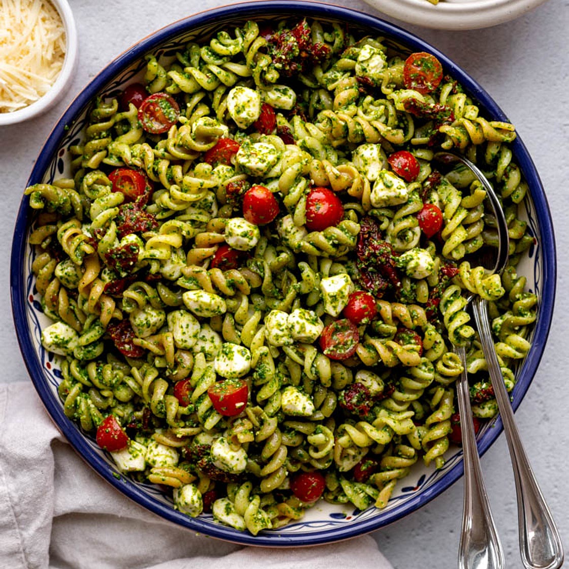 Healthy Tri-Color Pasta Salad with Spinach Basil Sauce