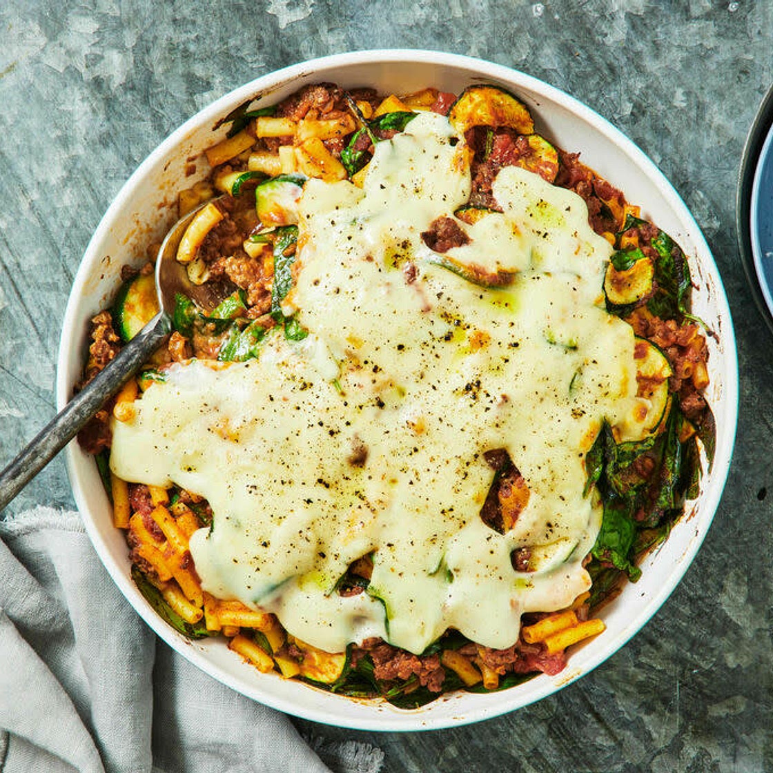 Egyptian-Style Beef Pasta Bake
with Zucchini & Baby Spinach