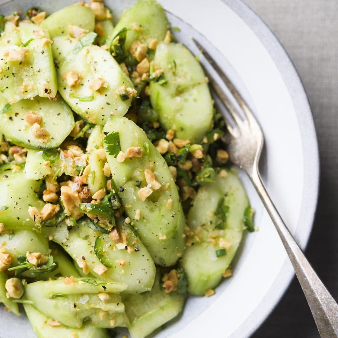 Smashed Cucumber Salad w/ Peanuts, Scallions & Colantro