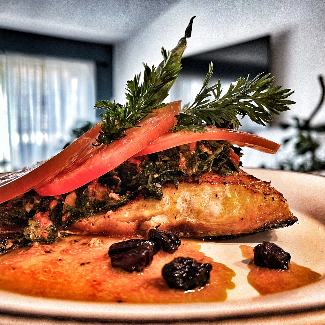 The Fat Pastor's Paleo Salmon with Carrot Top Pesto & Charred Red Pepper Caesar