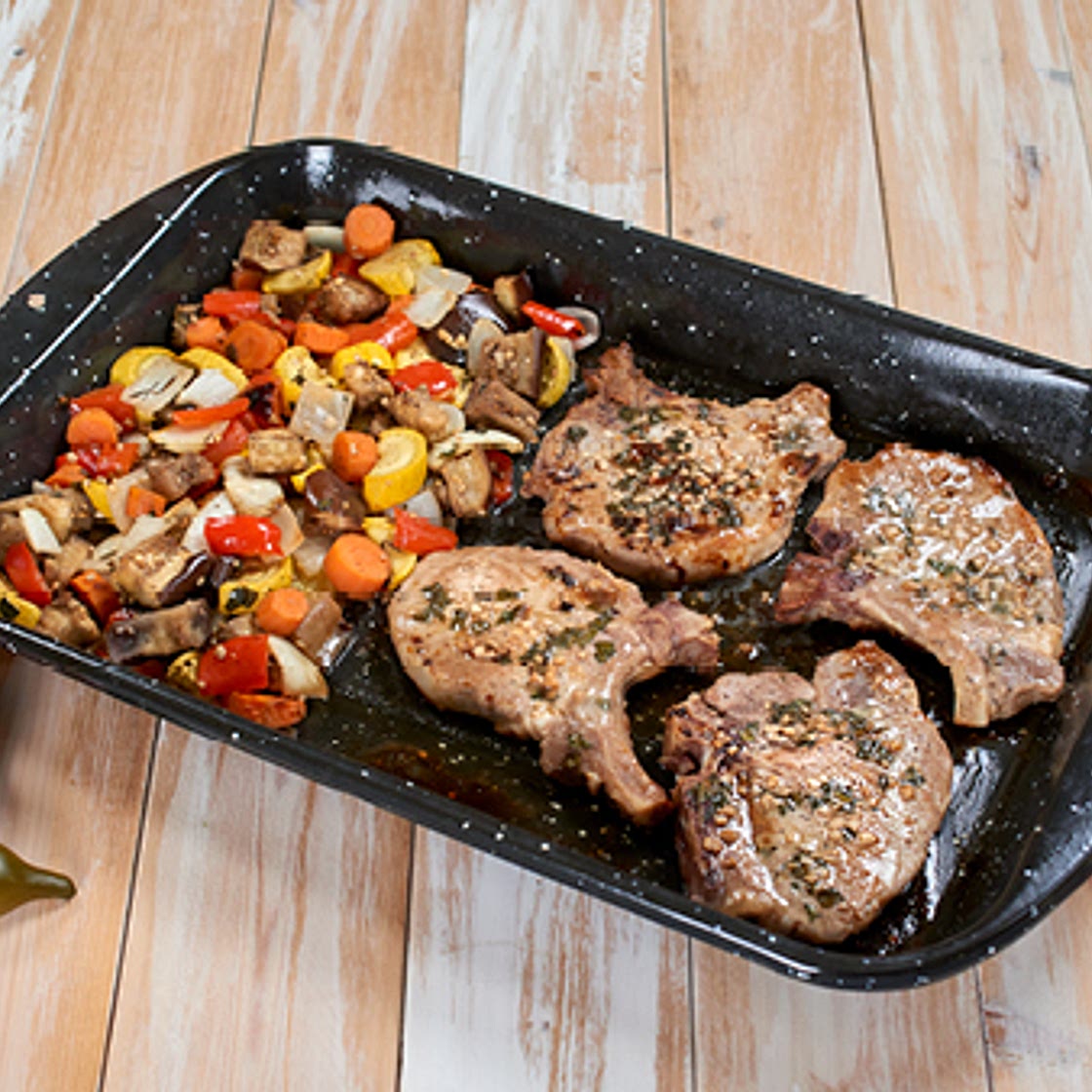 Sheet Pan Pork Chops with Garden Vegetables