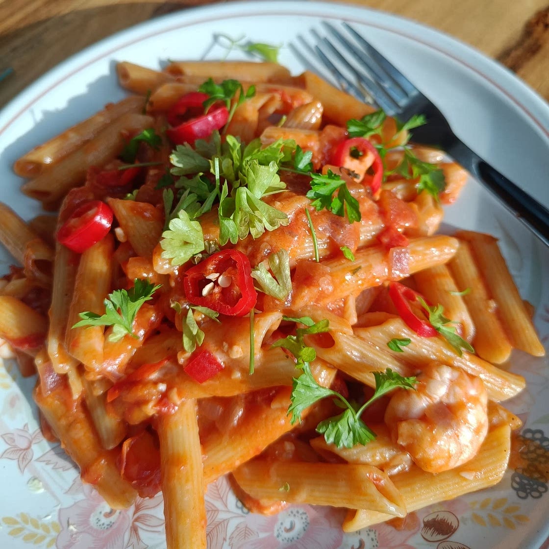 Oven-Baked Spicy King Prawn Arrabbiata Farfalle