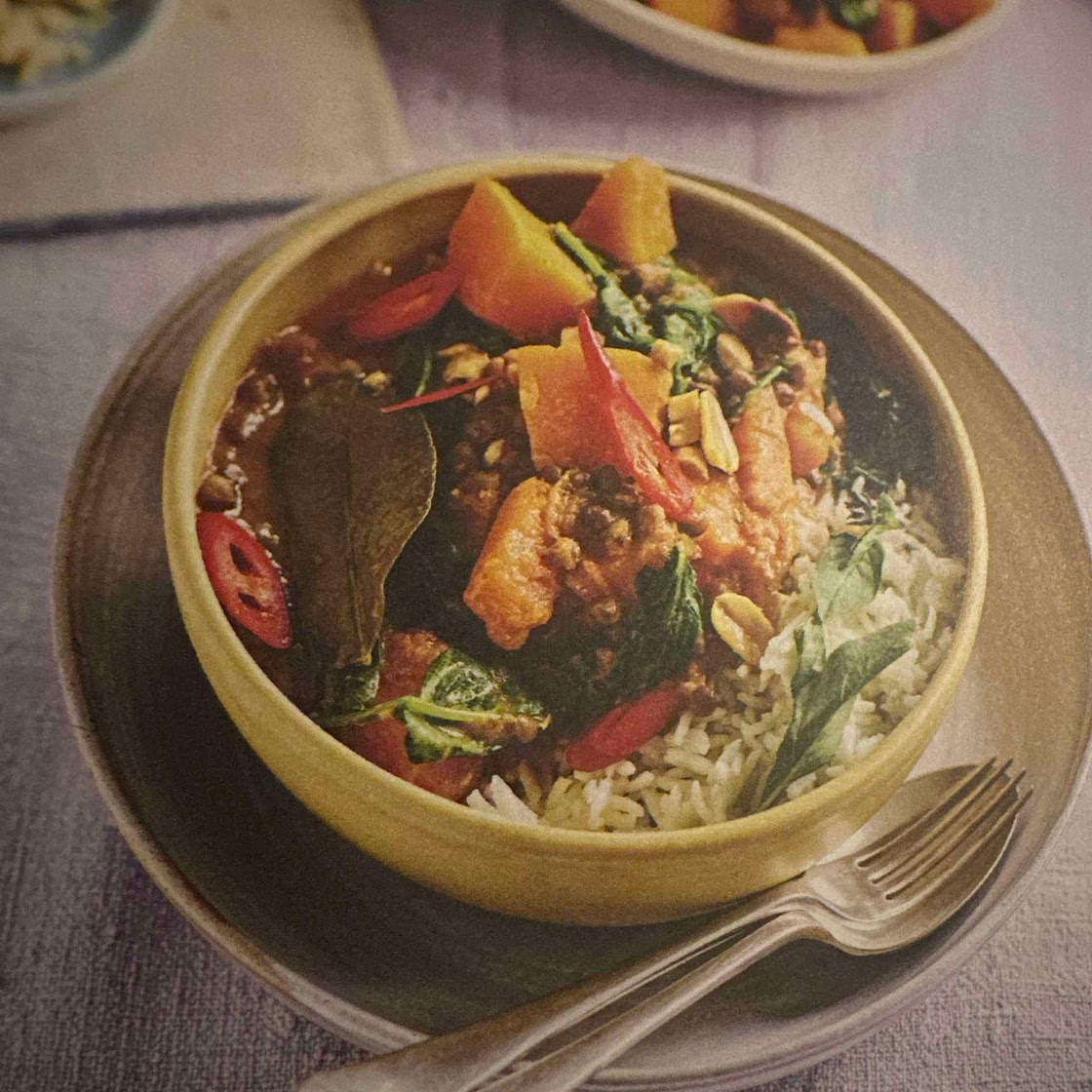 Roasted butternut red curry with lentils and spinach