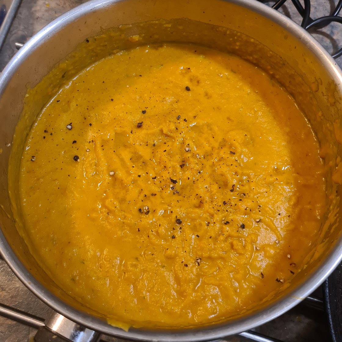 Creamy Coconut, Carrot and Sweet Potato Soup with Chilli Paneer Croutons