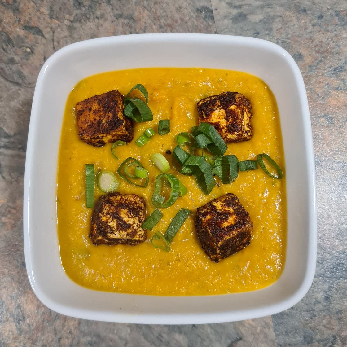 Creamy Coconut, Carrot and Sweet Potato Soup with Chilli Paneer Croutons