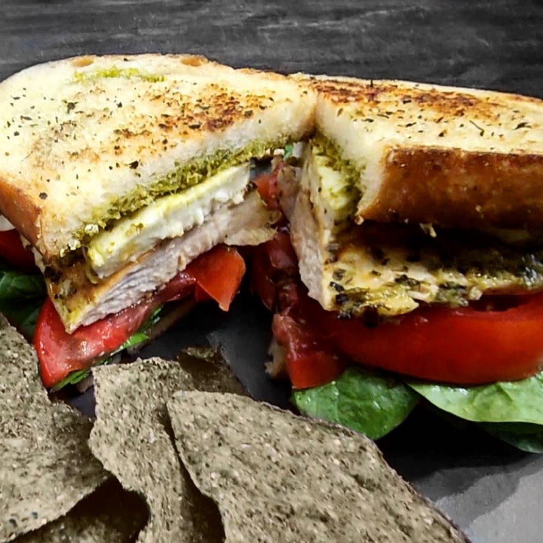 Pesto Chicken Melt on Crispy Parm-Grilled Sourdough