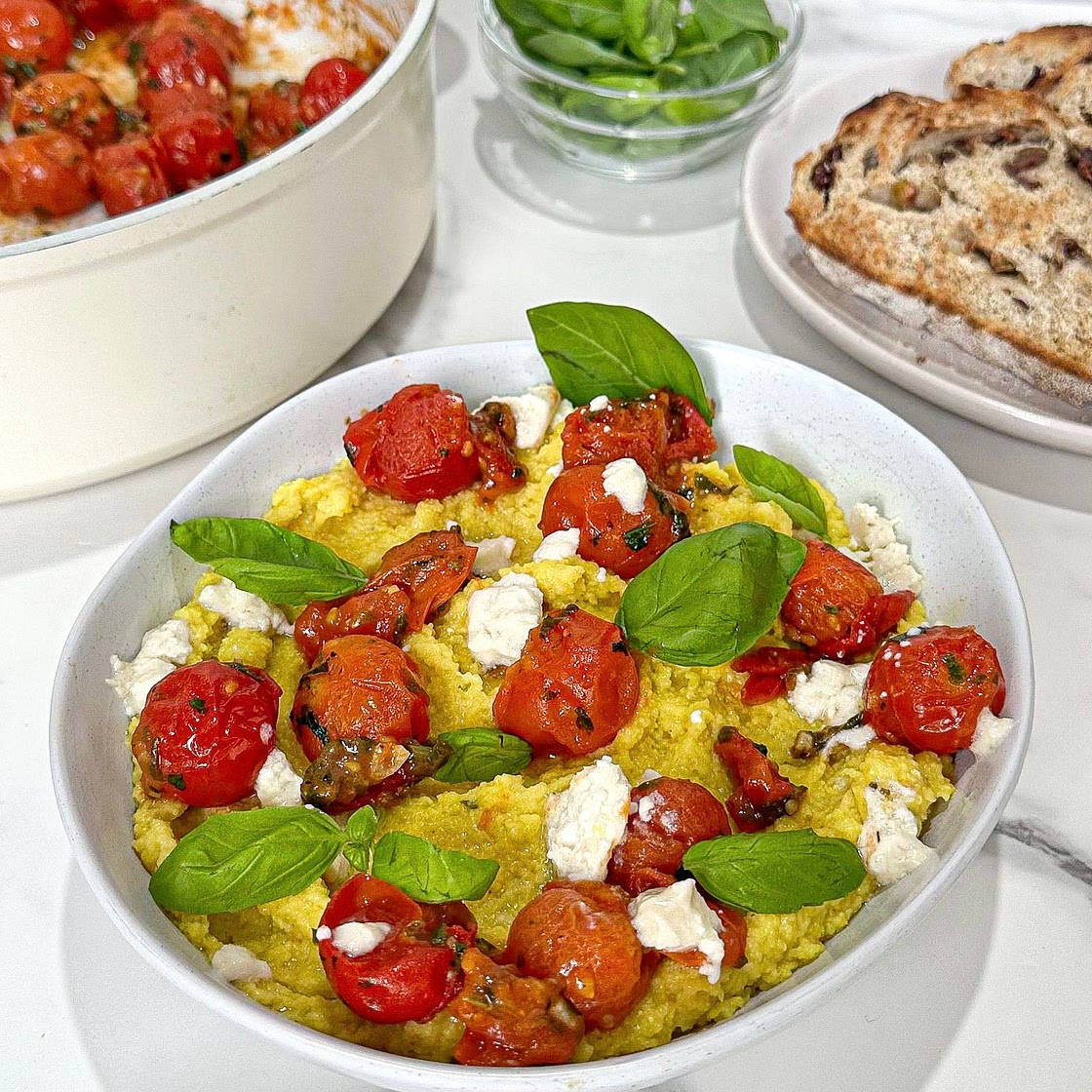 Cheesy Vegan Polenta with Basil Burst Tomatoes 