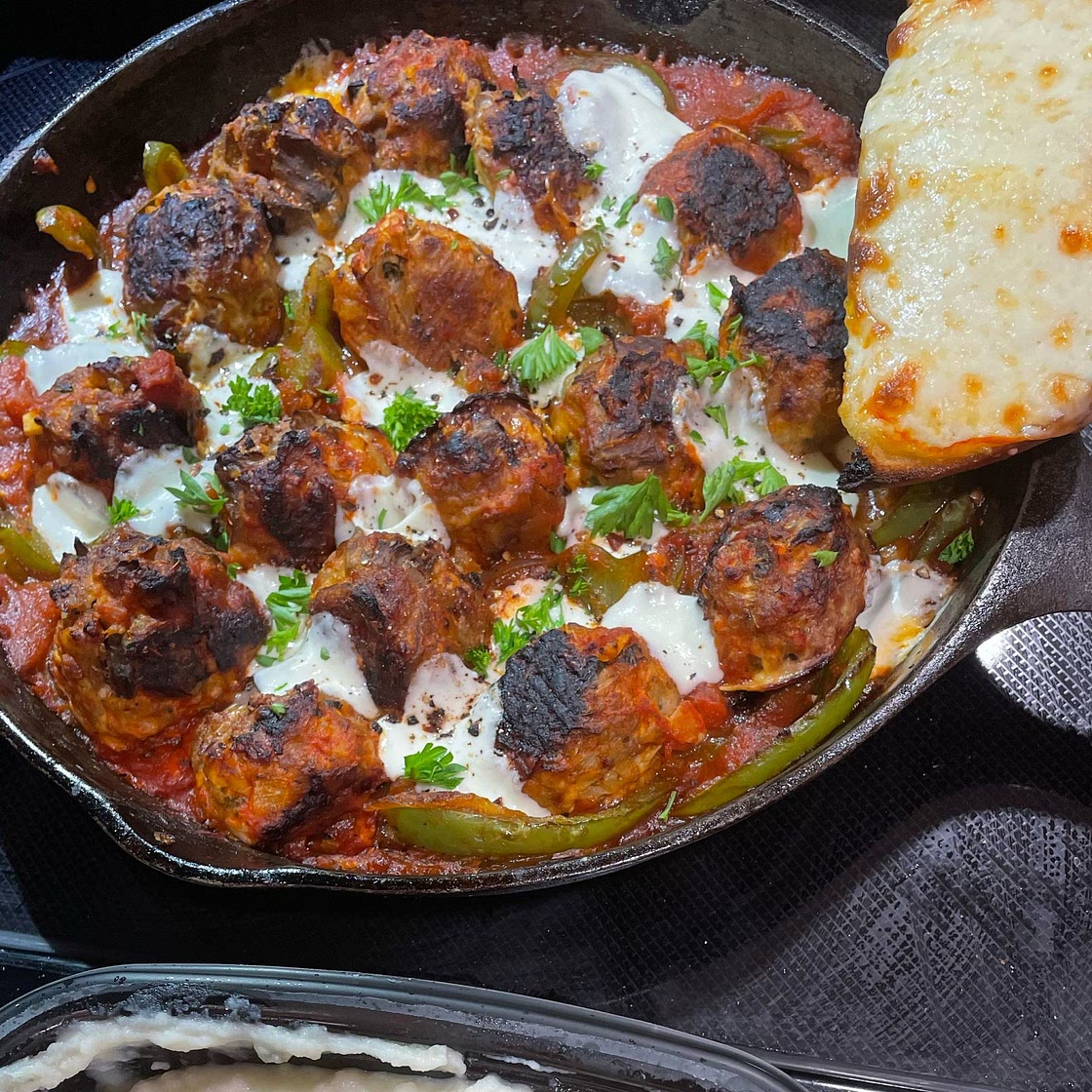 Cheesy Turkey Meatballs with Peppers and Onions