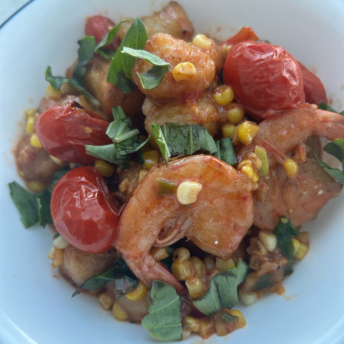 Shrimp & Fresh Gnocchi with Corn, Basil, & Cherry Tomatoes