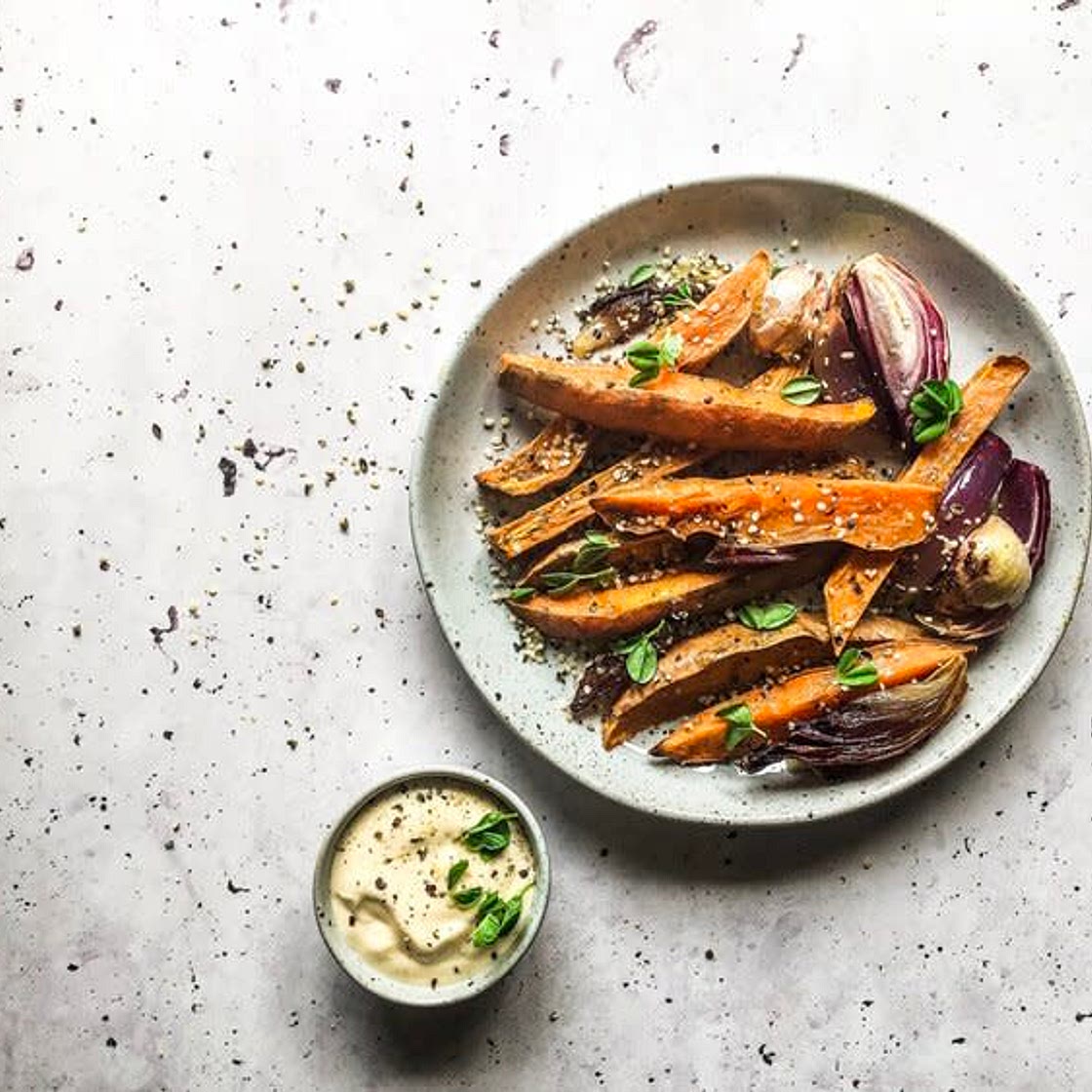 Roasted Sweet Potato Wedges & Vegan Tartare