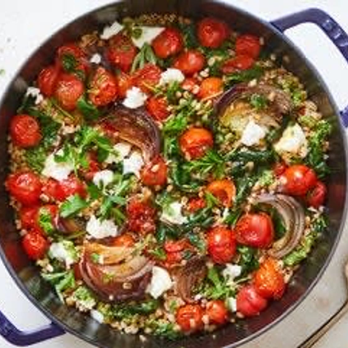 Farro With Blistered Tomatoes, Pesto and Spinach
