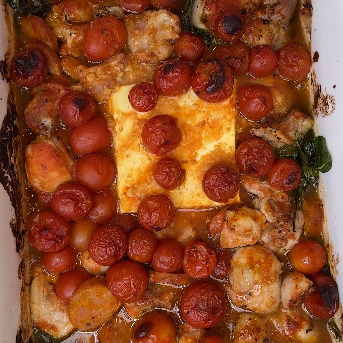 Chicken and chorizo Feta pasta bake