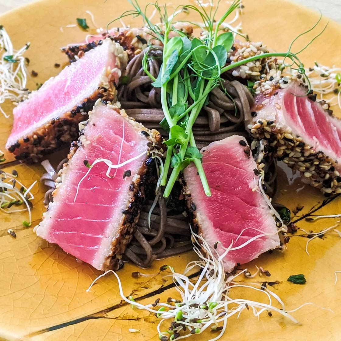 Sesame Crusted Seared Ahi Tuna with cold ponzu soba