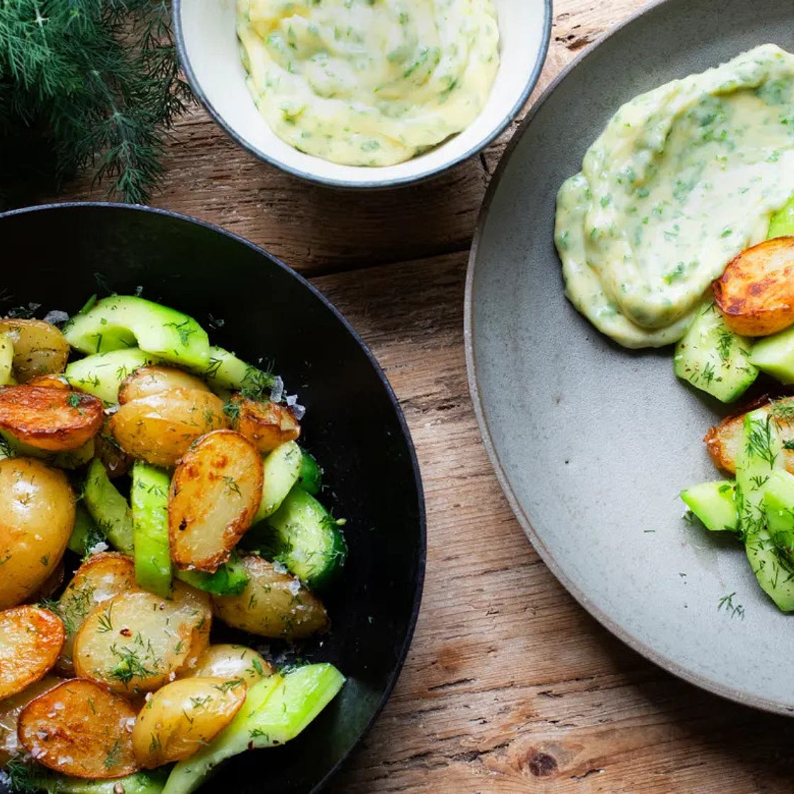 Fried new potatoes, cucumber and rocket mayonnaise