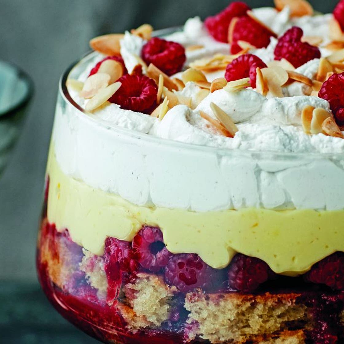 Vegan raspberry, almond, sherry and saffron trifle