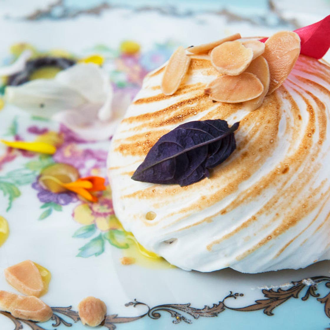 Pearls of the Mediterranean – semifreddo, meringue and almond biscuit