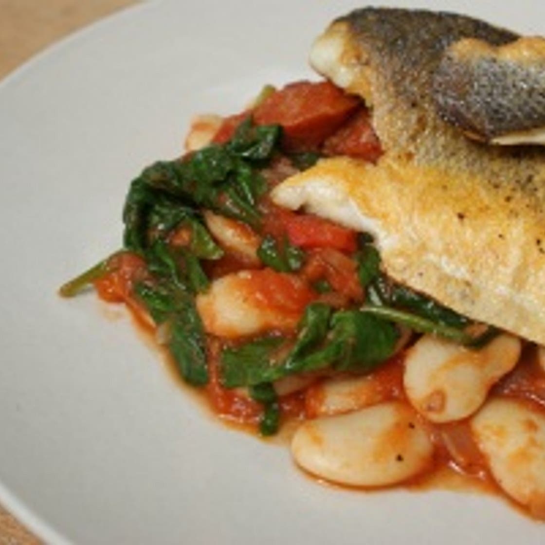Chorizo, Butter Bean and Spinach with Sea Bass