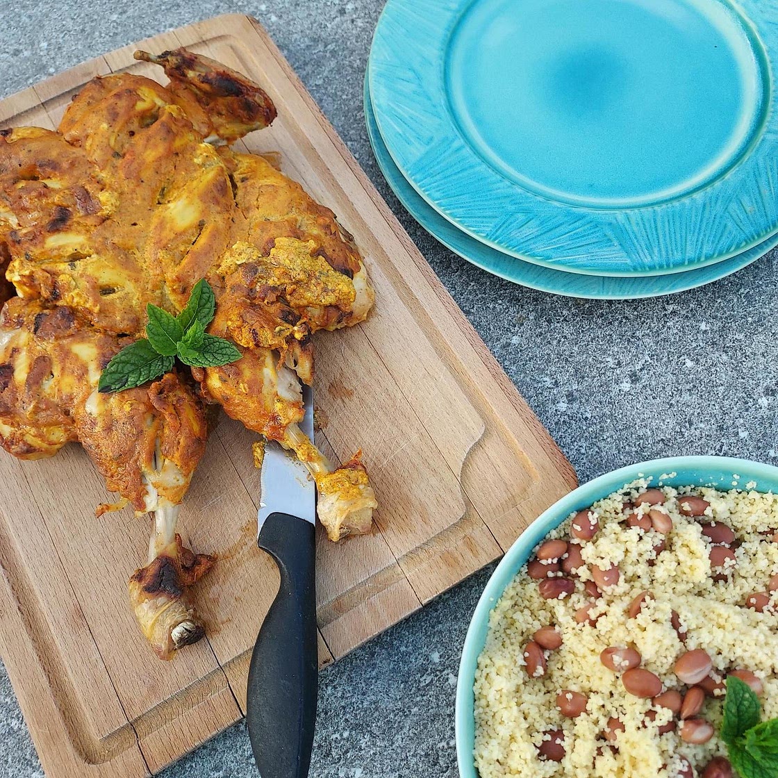 Spatchcock Chicken with Pinto Bean Couscous