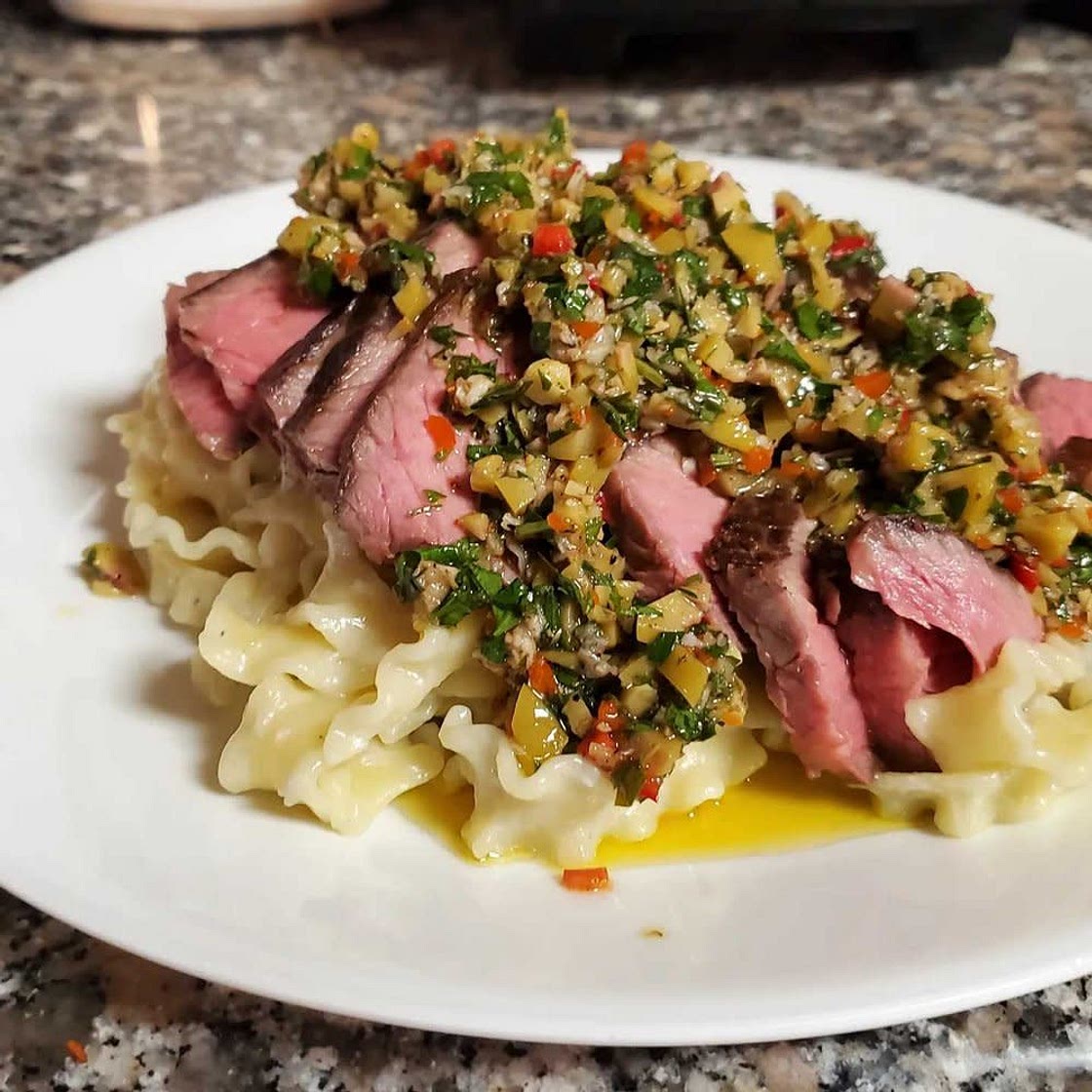 Blue Cheese Steak Green Olive Chimichurri Pasta