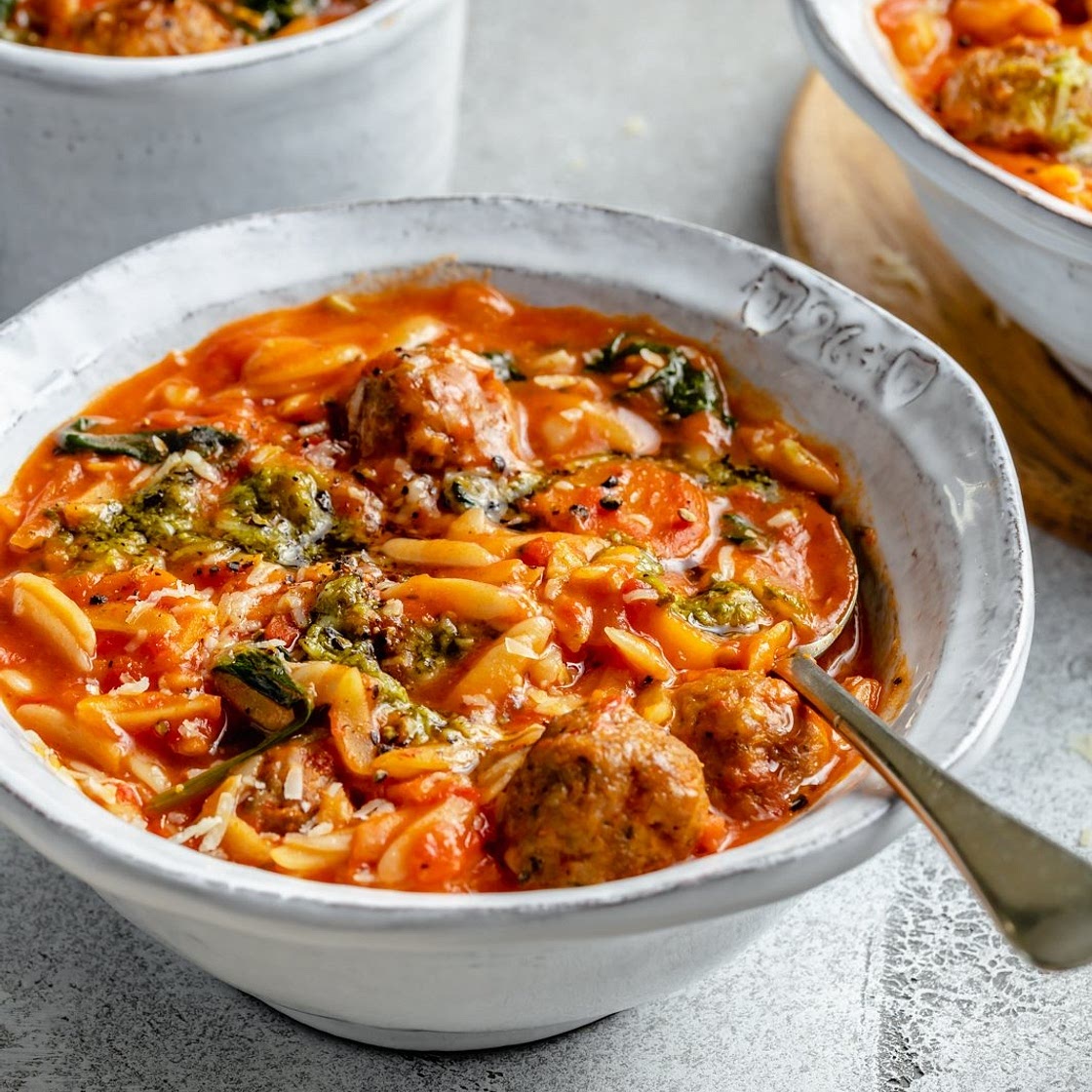 Creamy Tomato Orzo Soup with Mini Turkey Meatballs