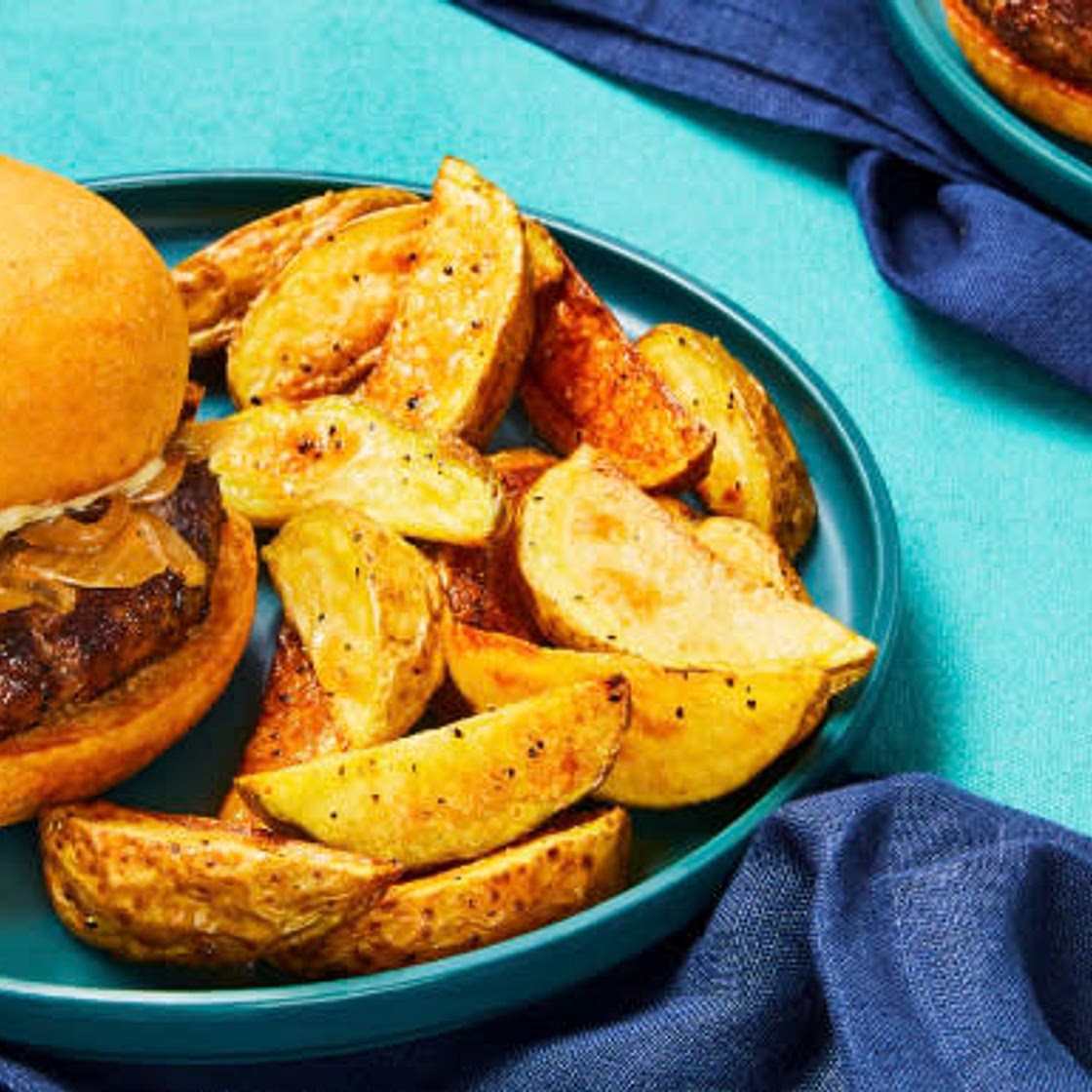 Caramelized Onion Burgers with Dijon Aioli & Potato Wedges