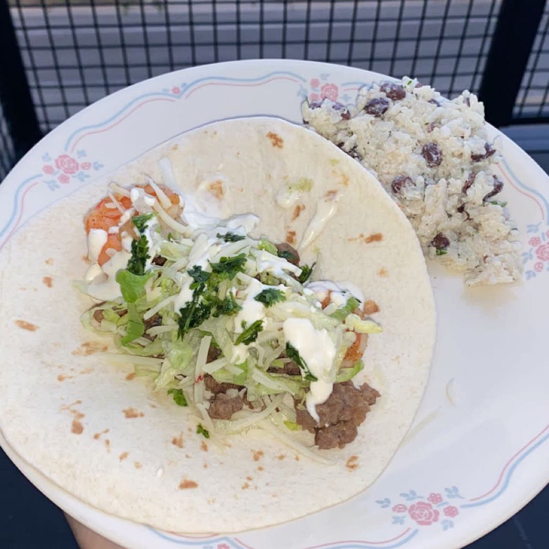 Shrimp Chorizo Tacos w/ Creamy Bean Rice