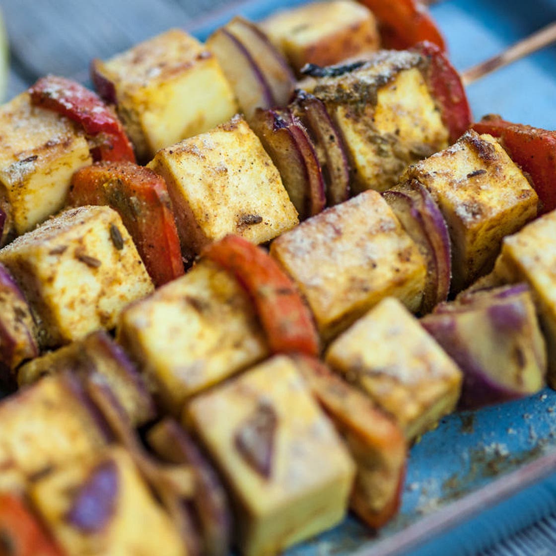 Paneer and red pepper skewers