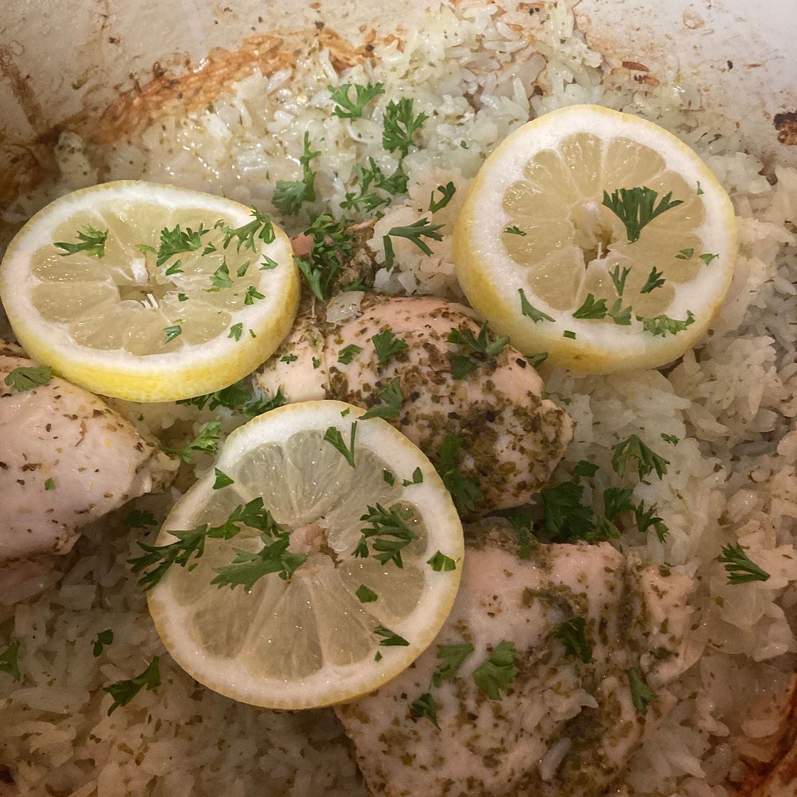 One Pot Greek Chicken and Lemon Rice
