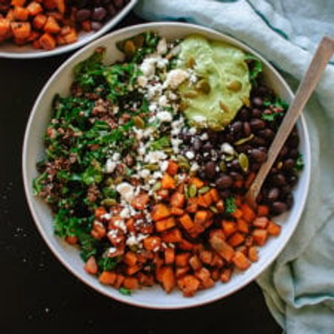 Southwestern Kale Power Salad with Sweet Potato, Quinoa & Avocado Sauce