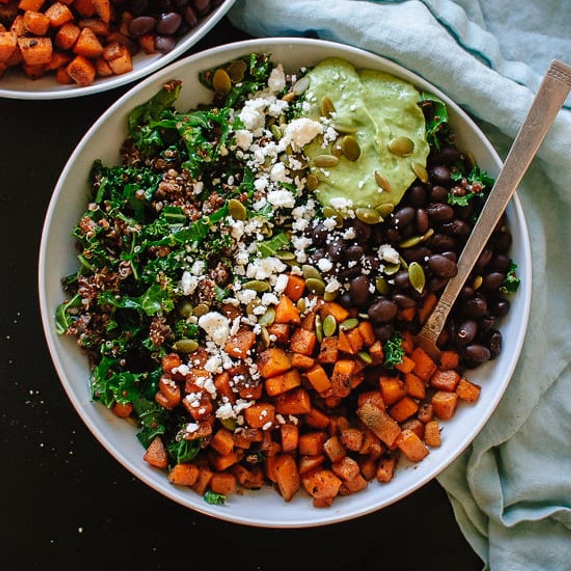 Southwestern Kale Power Salad with Sweet Potato, Quinoa & Avocado Sauce