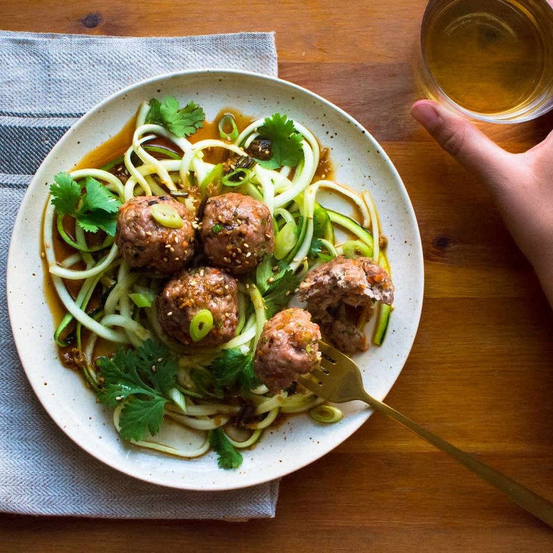 Potsticker meatballs + Zucchini noodles w/charred scallion sauc 