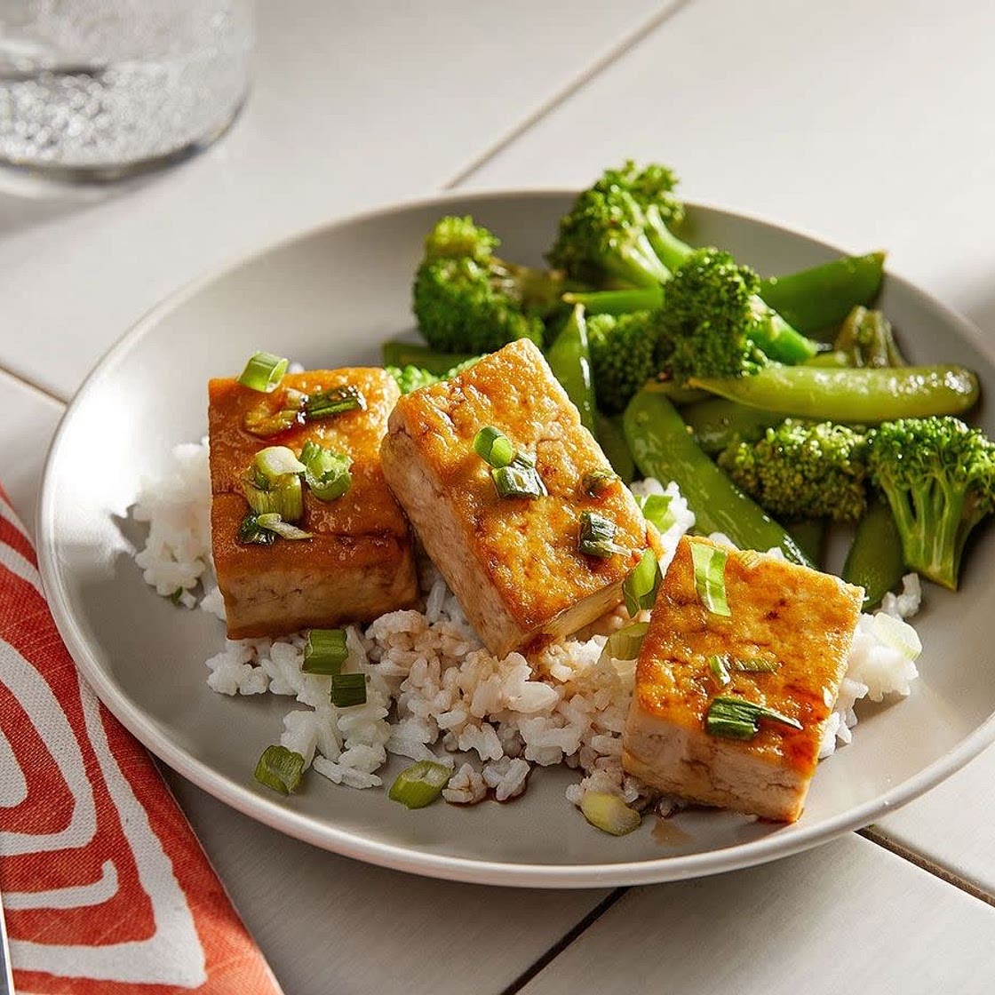 Honey-Garlic Tofu With Sauteed Broccoli and Sugar Snap Peas