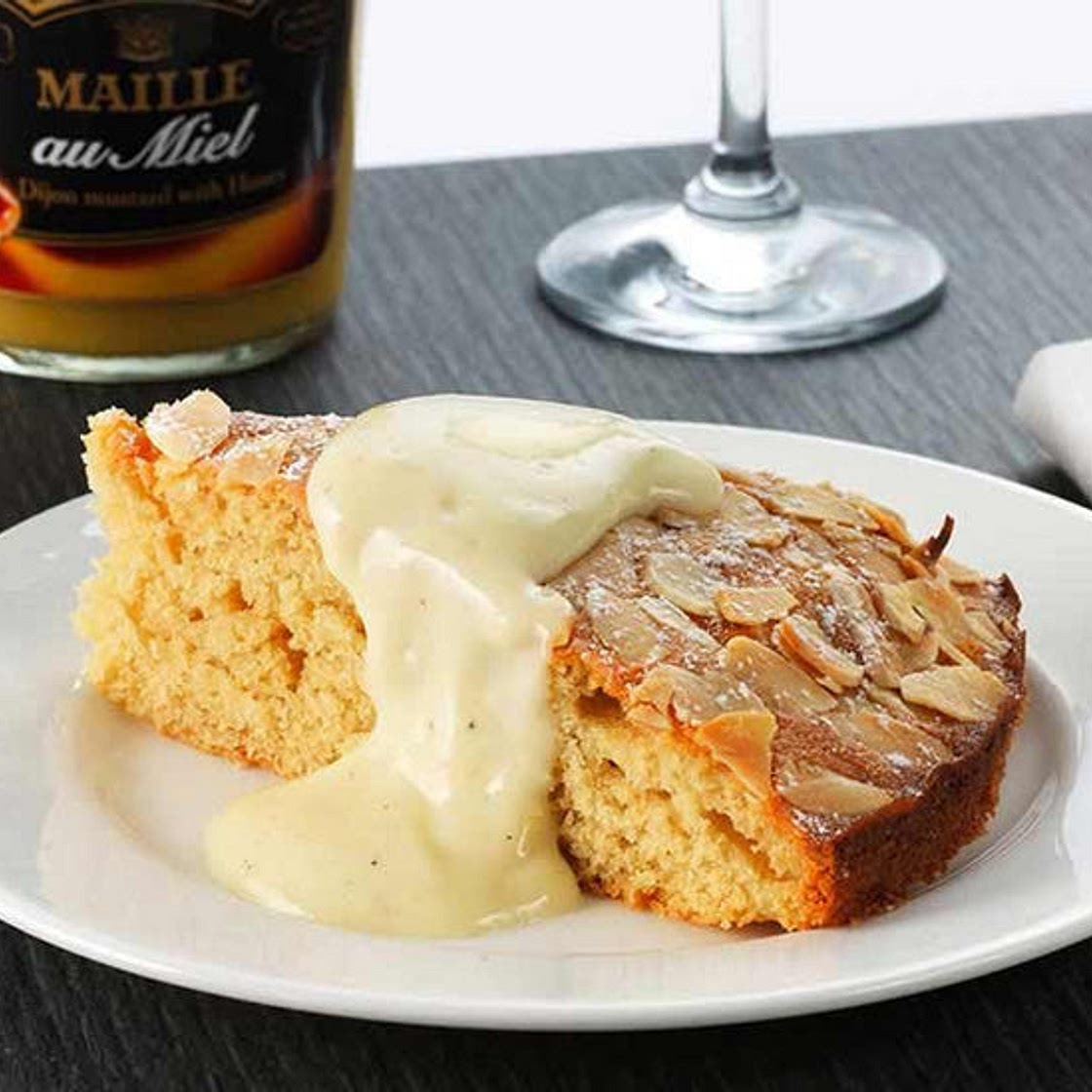 Almond sponge cake, honey mustard crème anglaise