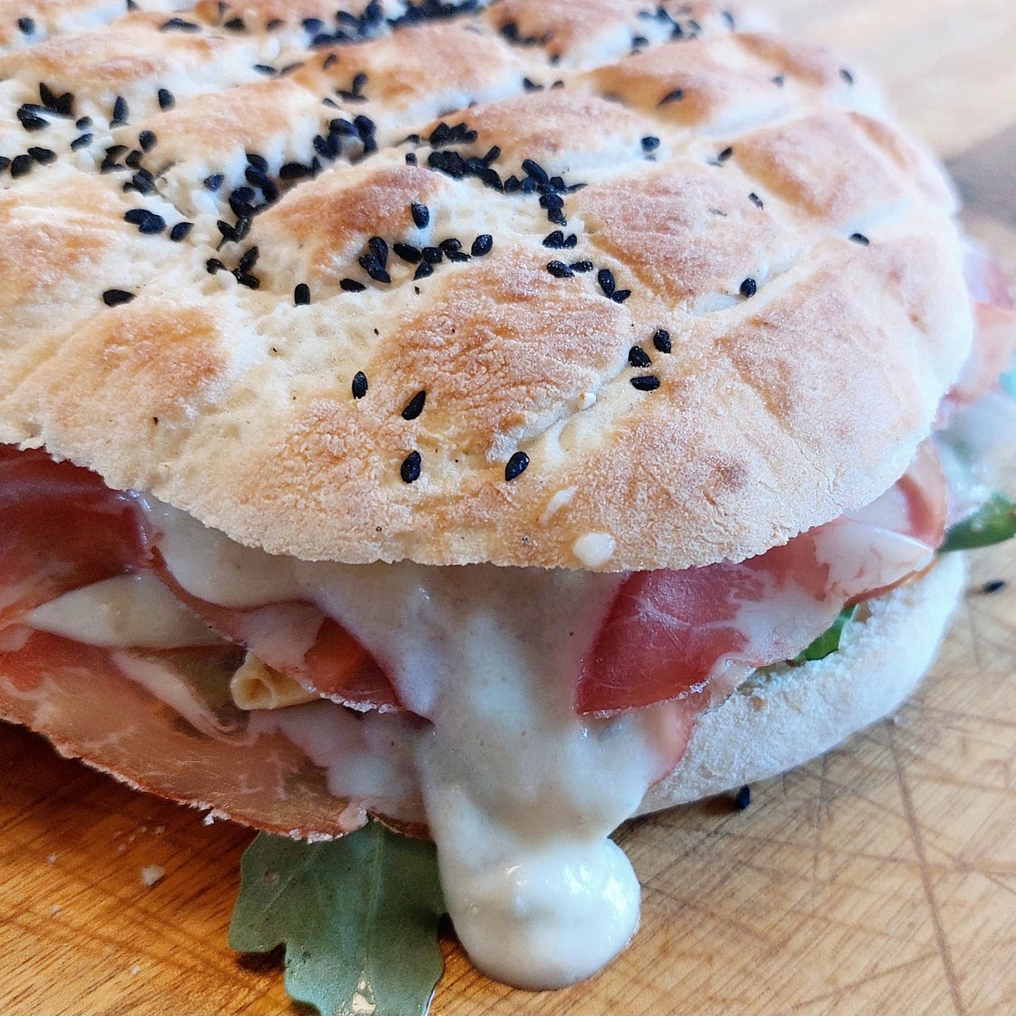 Panini - Coppa, gorgonzola cream and pickled mushrooms.