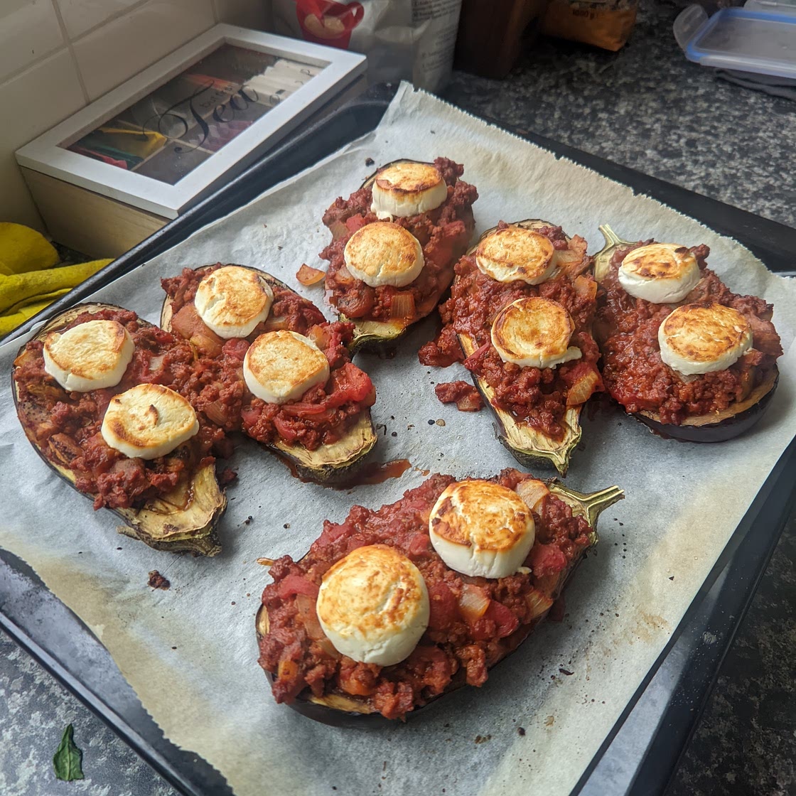 Vegetarian filled aubergines with goat cheese