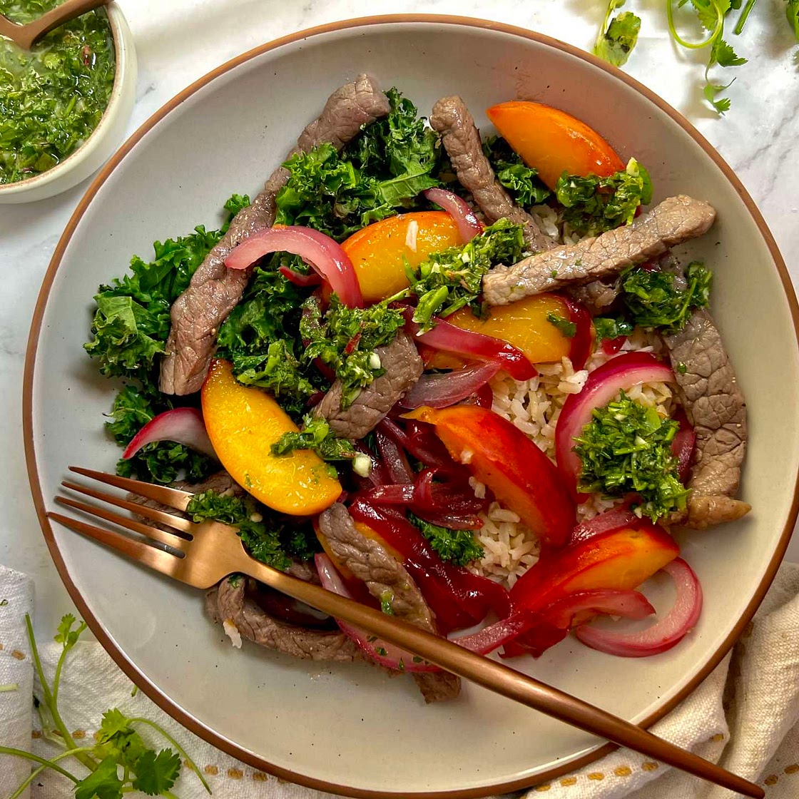 Grilled Peach and Steak Chimichurri Bowl