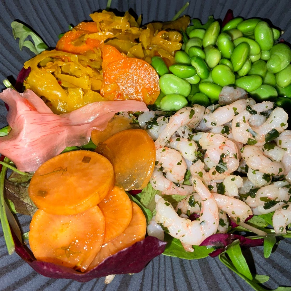Coriander Prawns, Kimchi and Edamame Salad Bowl with Gochujang D