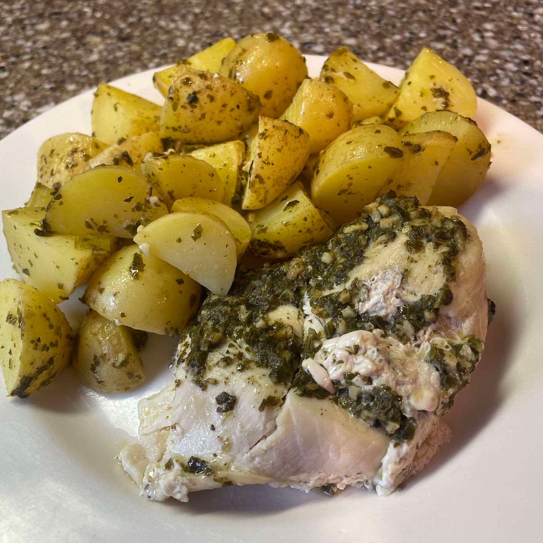Pesto Chicken with Lemon Potatoes and Pine Nuts