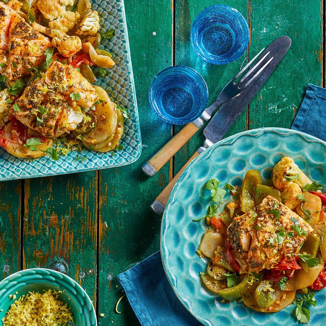Moroccan Cod and Vegetables with Chermoula Sauce