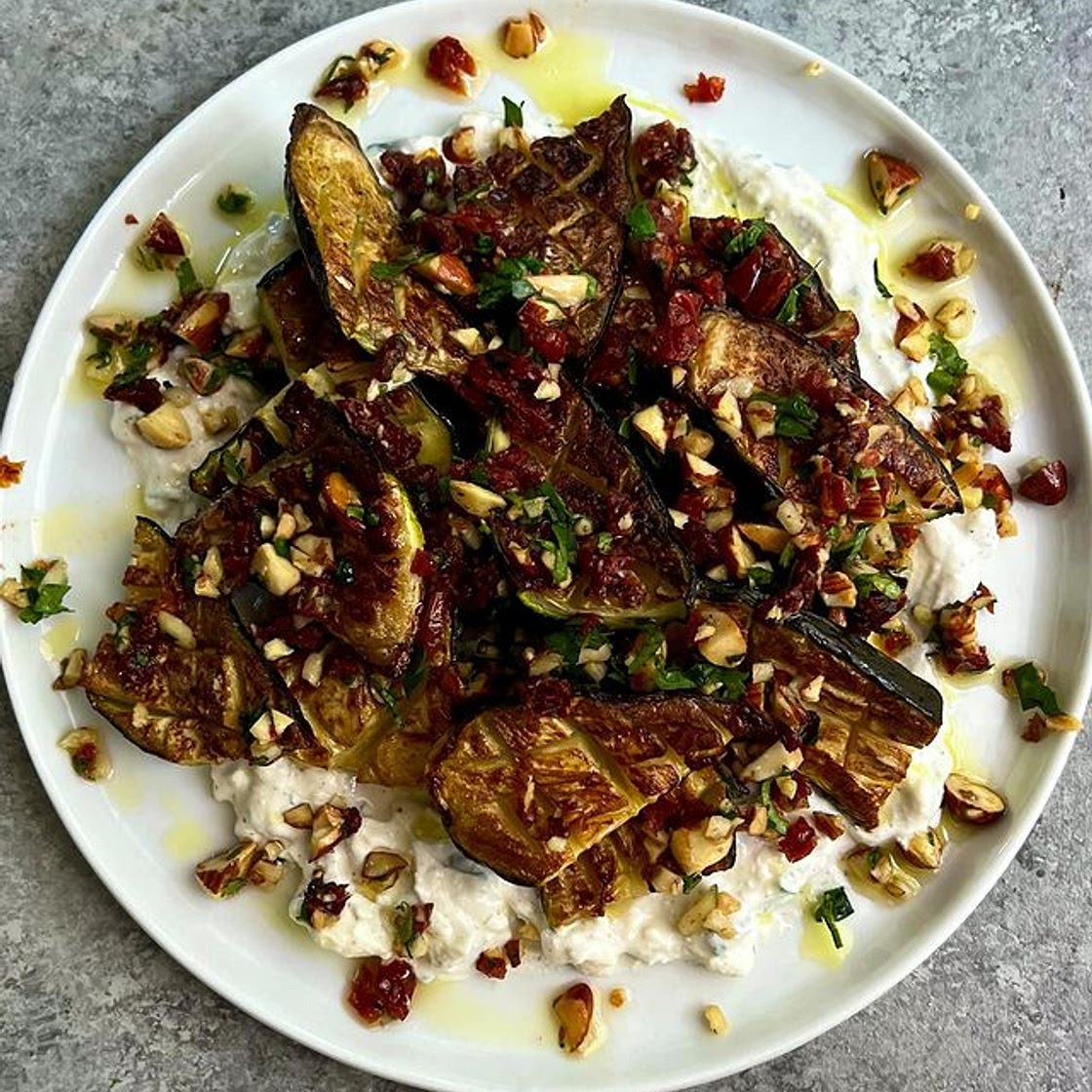 Crisp Roasted Zucchini with Creamy Feta &amp; Sun-dried Tomato &amp; Almond Crumble.