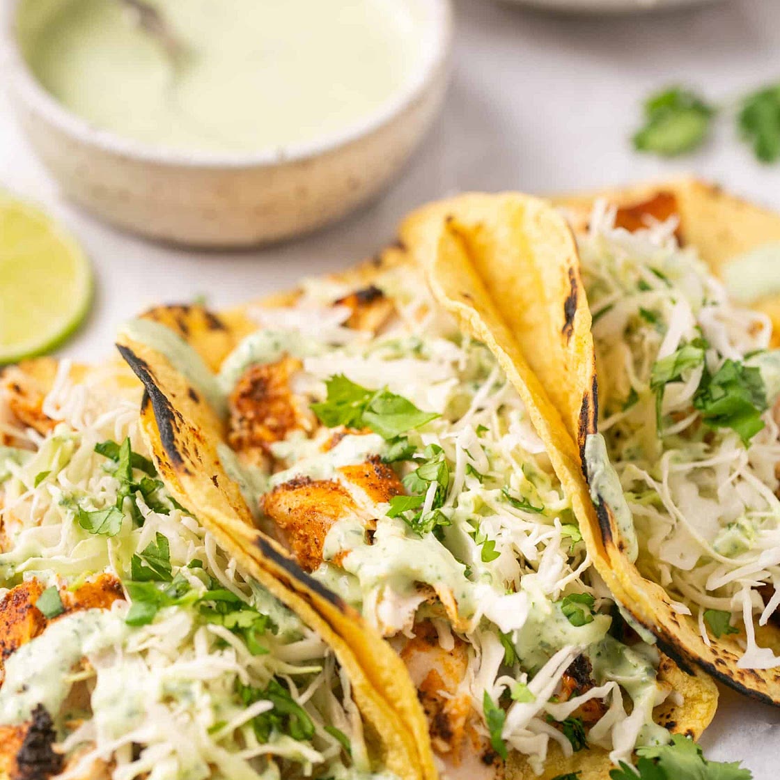 Blackened Mahi Mahi Tacos with Cilantro Lime Crema