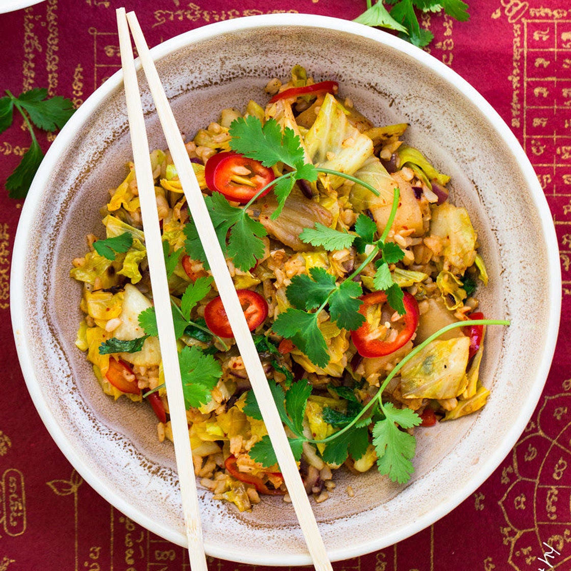 KOREAN STYLE FRIED RICE WITH RADISH KIMCHI AND CABBAGE